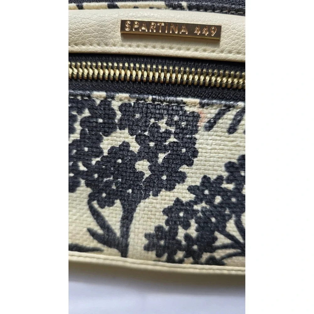 Spartina 449 Floral Wristlet Wallet Black Cream Linen Leather Turquoise Interior